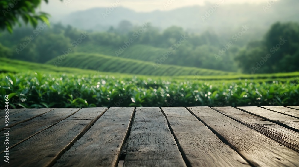 Fototapete the empty wooden table top with blur background of tea plantation exuberant image : generative ai