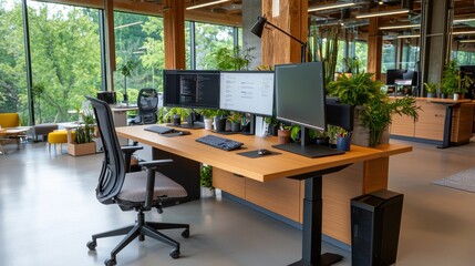 Modern Office Workspace with Natural Light and Greenery