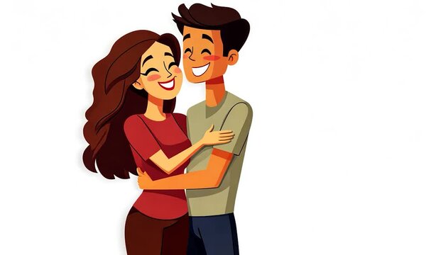 2D cartoon style man holding a woman in his hands depicting a loving couple with smiles celebrating romance raster illustration on a white background