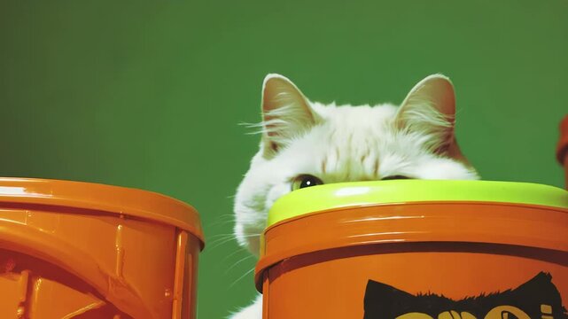 White cat peeks from orange container. Vivid colors contrast against green backdrop. Multiple containers create intriguing composition. 