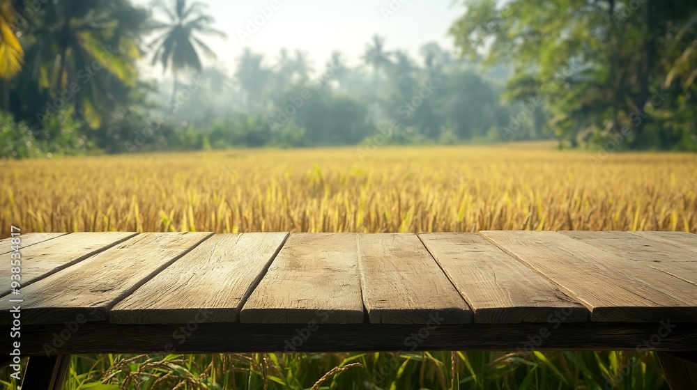 Leinwandbilder Wooden table top on blur rice field background in daytimeHarvest rice or whole wheatFor montage product display or design key visual layoutView of copy space : Generative AI
