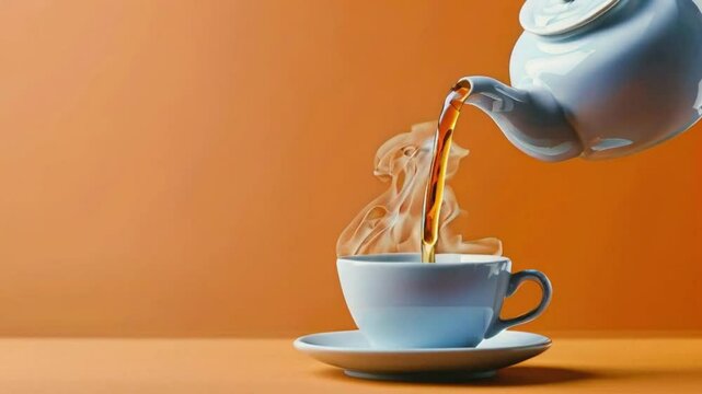 A teapot is pouring hot tea in a white cup on brick background.