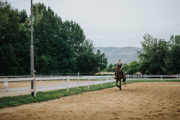 A young woman riding a horse in an outdoor arena, surrounded by lush trees and distant mountains, on a cloudy day.