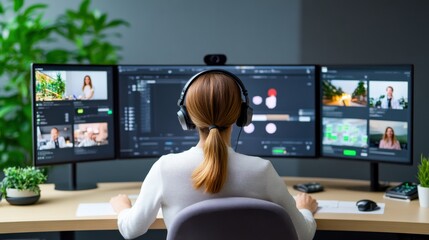 Woman Editing Video Content on Multiple Monitors