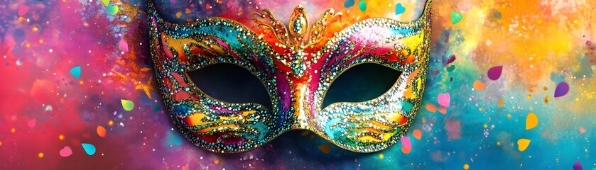 Naklejka premium Colorful glitter mask on a vibrant splattered background, perfect for parties, celebrations, and festive occasions. Ideal for carnival or masquerade events.