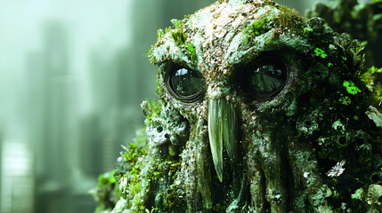 Close-up of an owl-like creature covered in moss and plants.