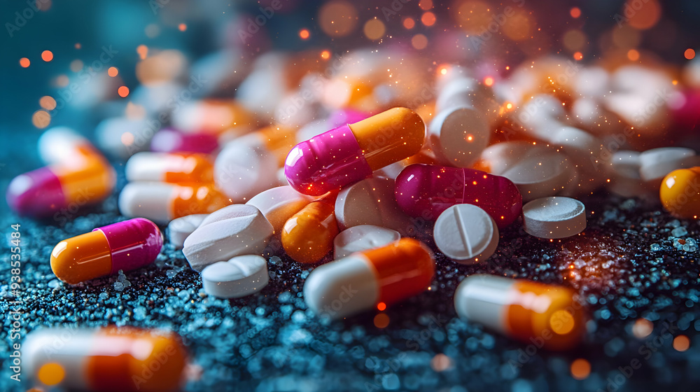 Poster close-up of colorful pills and capsules with glowing bokeh background.