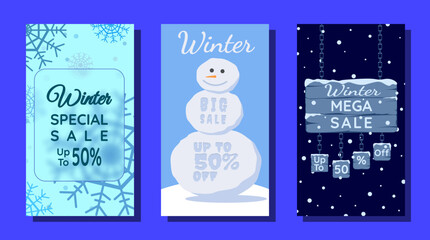 Winter Sale Portrait Vector Illustration. Holiday Discounts and Promotions.