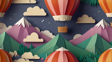 Hot air balloon over the mountains, paper craft art or origami style for baby nursery, children design Generative AI