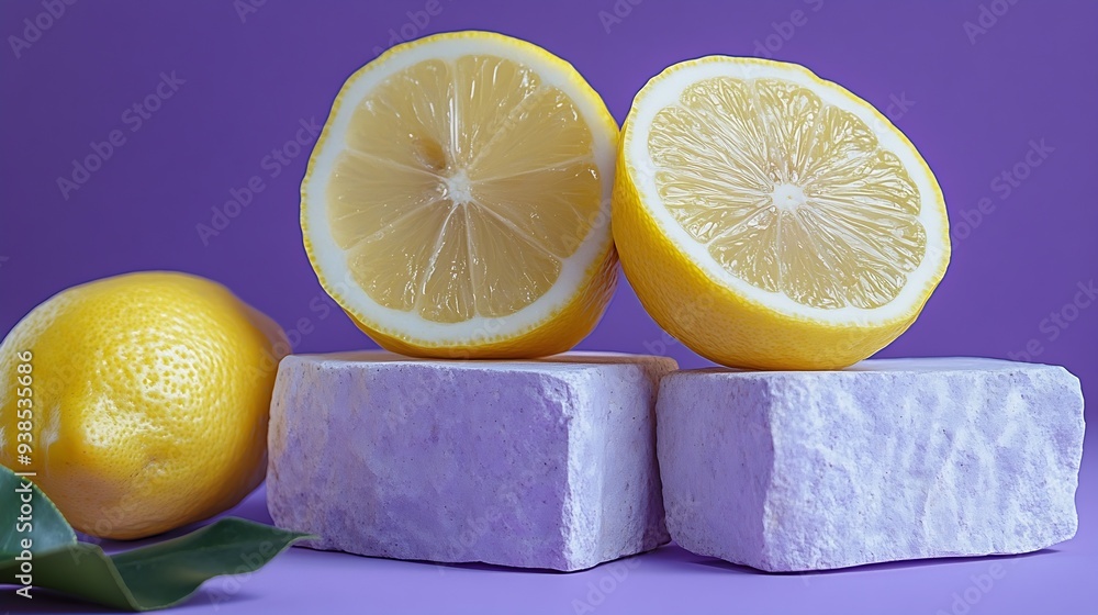 Poster Against the purple background fresh lemon and lemon slices decorated with blocks of stone and empty podium Lemon is a versatile fruit that is responsible for several health benefits : Generative AI