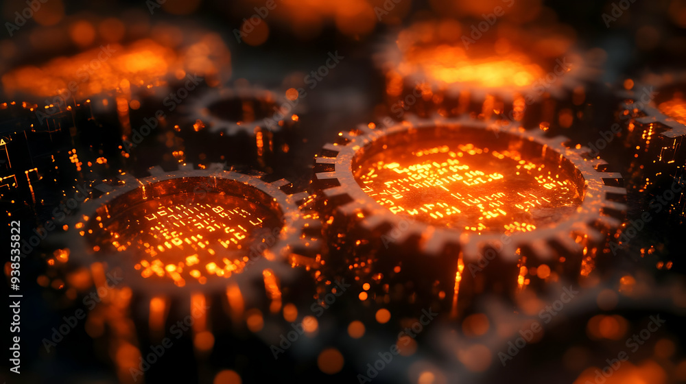 Poster close-up of glowing orange cogs with digital code.