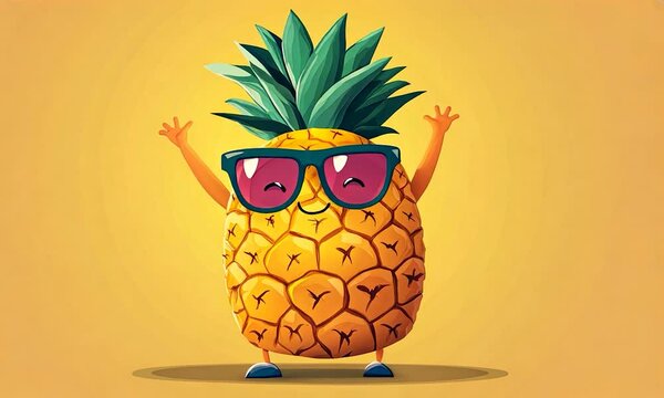2D cartoon style pineapple character retro mascot design summer themed illustration