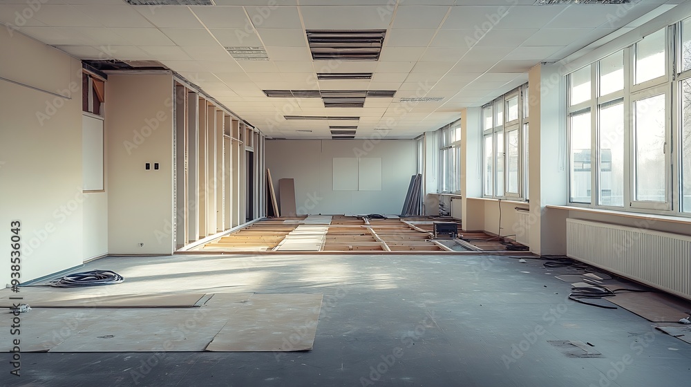Poster an empty office with all the materials removed raised floors and cables hung to make a new renovatio