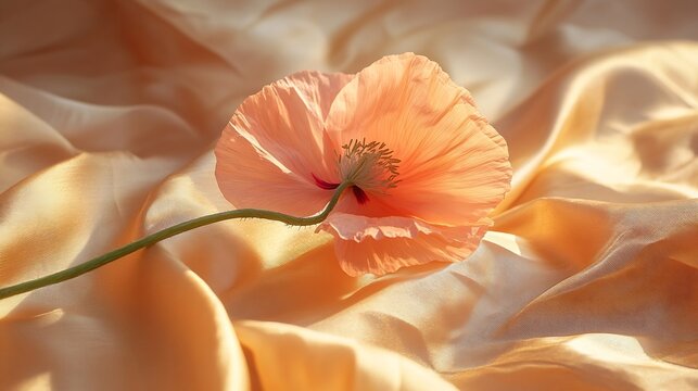Delicate peach pink poppy flower stem and bud on crumpled golden fabric Aesthetic close up view floral composition with sunlight shadows : Generative AI