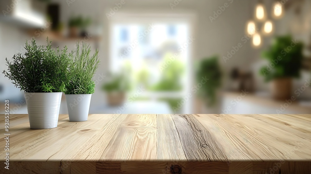 Poster kitchen table background wood counter top on blur of white clean abstract home interior with bokeh u