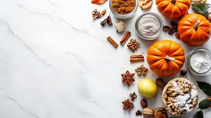 Autumn fall baking background with pumpkins apples nuts food ingredients and seasonal spices on white copy space Cooking pumpkin or apple pie for Thanksgiving and autumn holidays : Generative AI