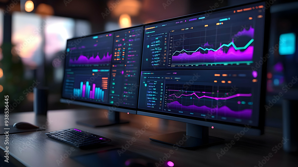 Poster close-up of three computer monitors displaying stock market charts with purple and blue lines on bla