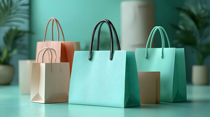 Closeup of teal, pink, and white shopping bags on turquoise surface.