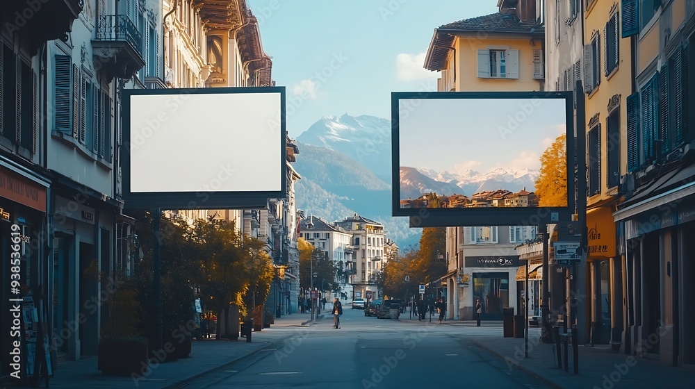 Poster 2 largeformat billboards next to each other on a street in switzerland in ticino lugano : generative