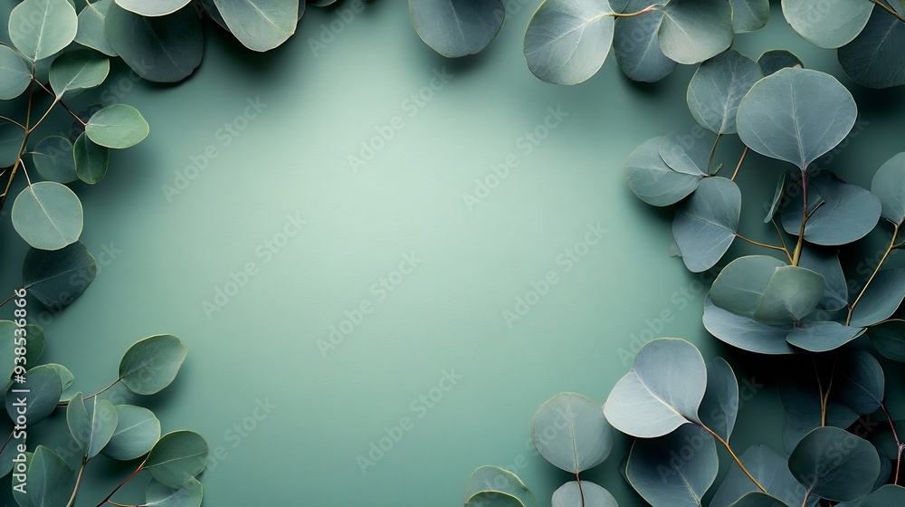 Poster Eucalyptus branch and leaves frame and creative layout on green background Top view flat lay Floral composition Design element Color card : Generative AI