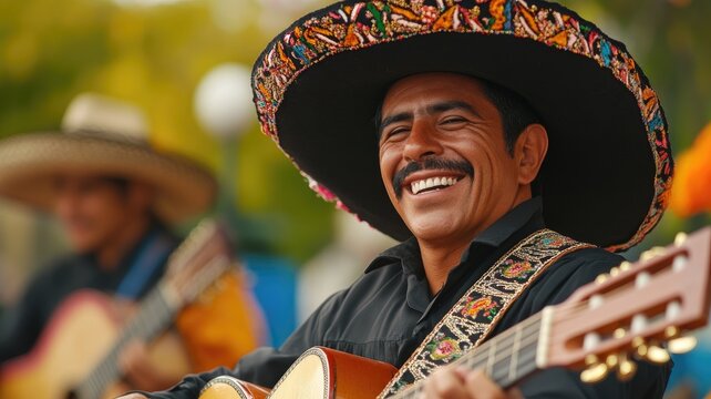 Smiling Hispanic man in traditional attire playing guitar outdoors