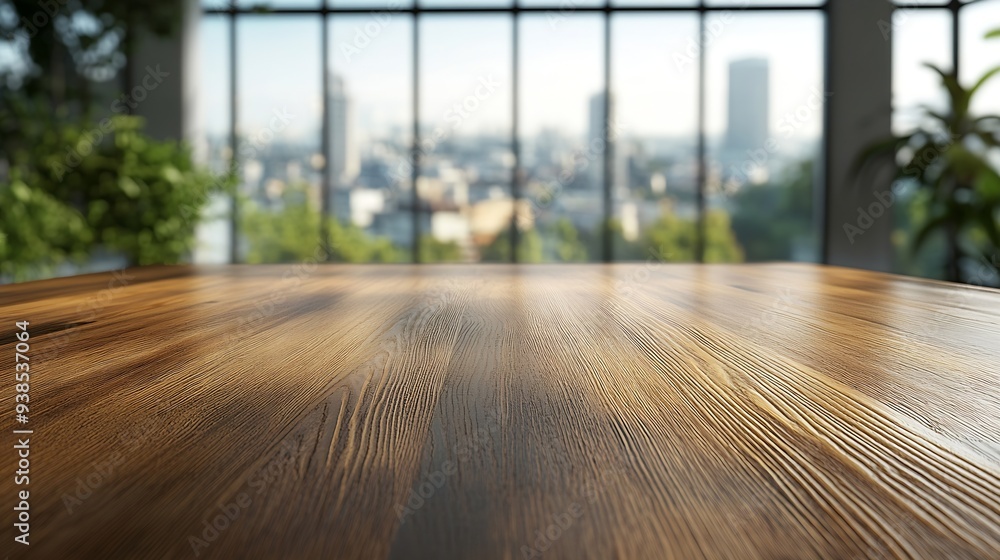 Fototapete empty office wooden desktop with empty space on modern boardroom with large window background closeu