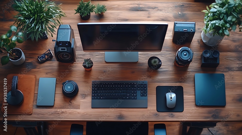 Leinwandbilder office desktop with computer and accessories top view : generative ai