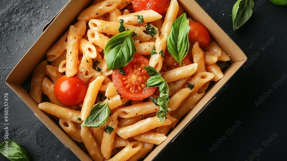 Poster casarecce pasta with tomato and basil in a taking away box food delivery from the restaurant to your