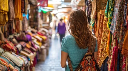 Obraz premium Woman exploring vibrant market with colorful textiles displayed