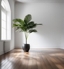 An empty white room with a wooden floor and a potted plant