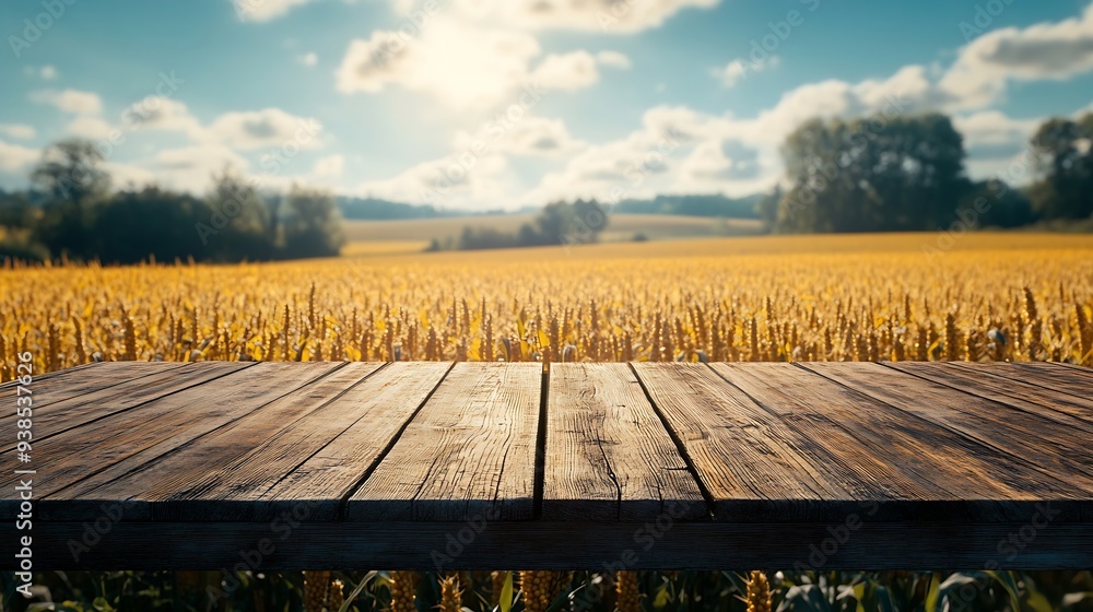 Leinwandbilder The empty wooden table top with blur background of corn field Exuberant image : Generative AI