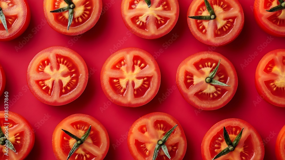 Poster seamless pattern from slices of ripe tomatoes on a red background : generative ai