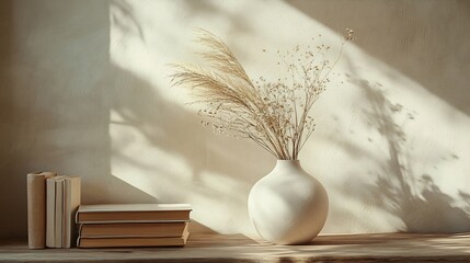 Artistic interior still life Modern organic geometric shaped sculptures Vase with dry flowers grass and old books on wooden table Home staging minimal decor concept Empty beige wall ba : Generative AI