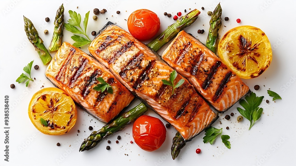Poster tasty grilled salmon with tomatoes asparagus and spices isolated on white top view : generative ai