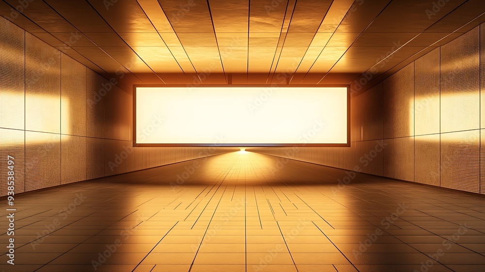 Poster OOH Extrreme Horizontal blank advertising billboard poster template mock up in a long tunnel walkway outofhome media display space mockup in pedestrian linkway digital display : Generative AI
