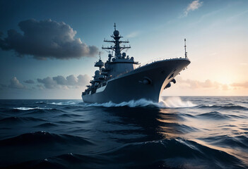 A large navy warship sailing through rough seas with clear skies in the background