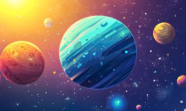 2D cartoon style representation of a planet in a galaxy showcasing elements of astronomy and the wonders of space