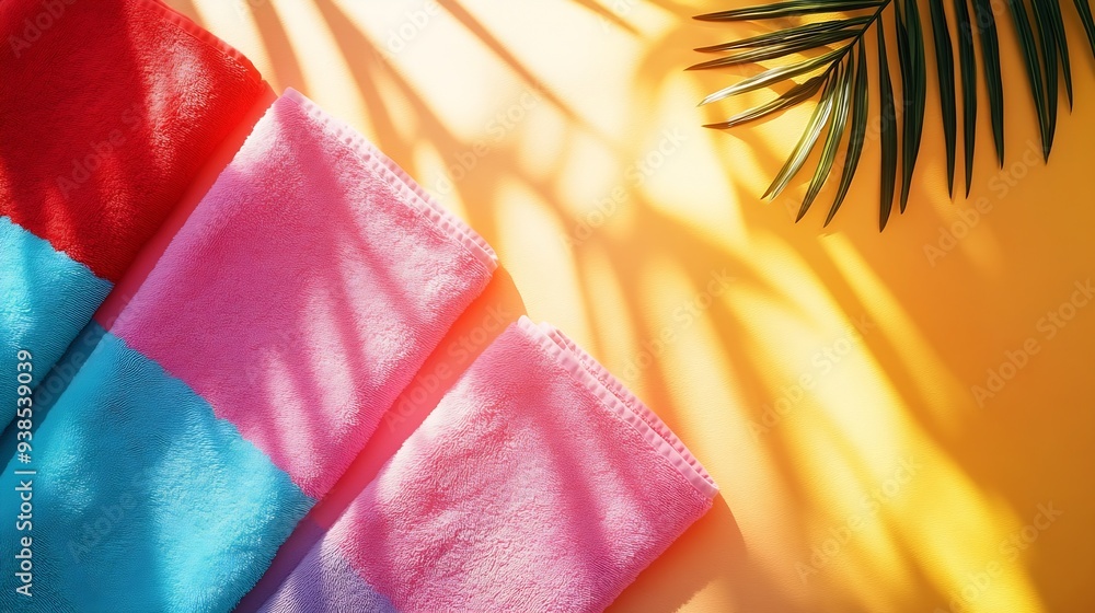 Poster summer pastel background top view beach towel on sand shadow of palm leaf sunlight summer beach day 
