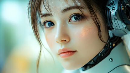 Close-up portrait of a woman with robotic parts, looking to the side.