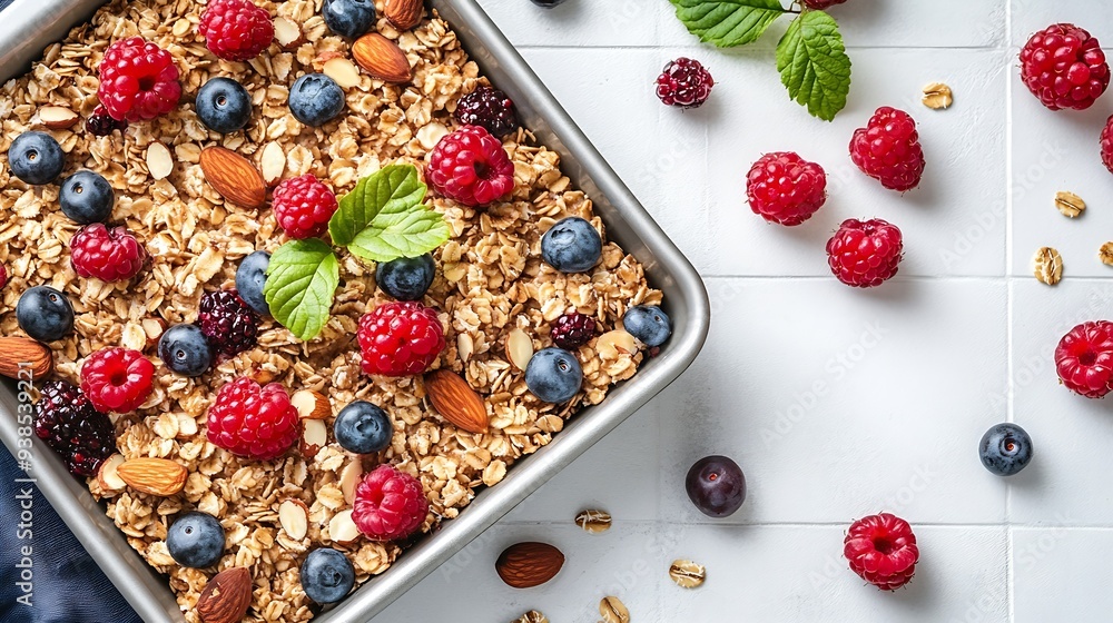 Poster tasty baked oatmeal with berries and almonds in baking tray on white tiled table top view : generati