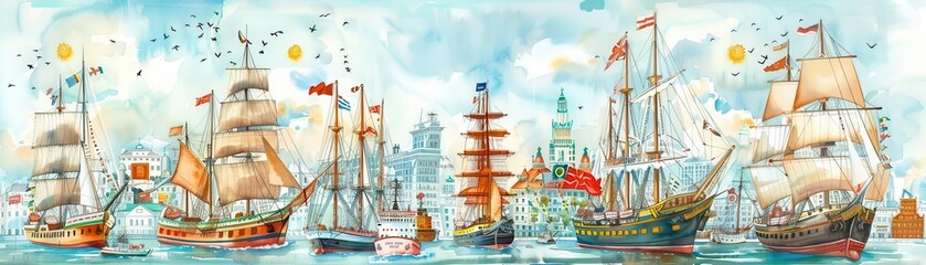 Vibrant watercolor of multicultural seaport with ships, multicultural port, international trade
