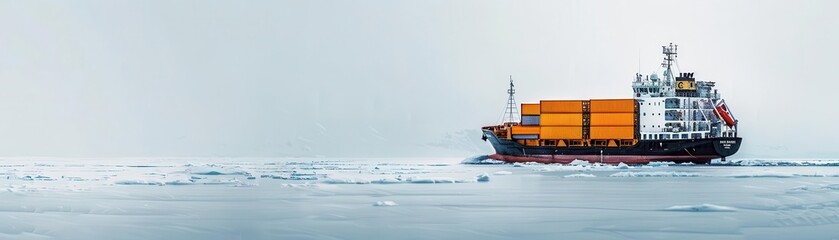 Fototapeta premium A cargo ship navigating through icy waters toward a northern port, cool watercolor hues, watercolor arctic trade route, global shipping challenges