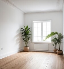 An empty white room with a wooden floor and a potted plant