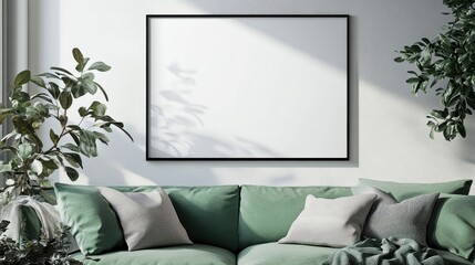 A large white framed picture hangs on a wall in a living room
