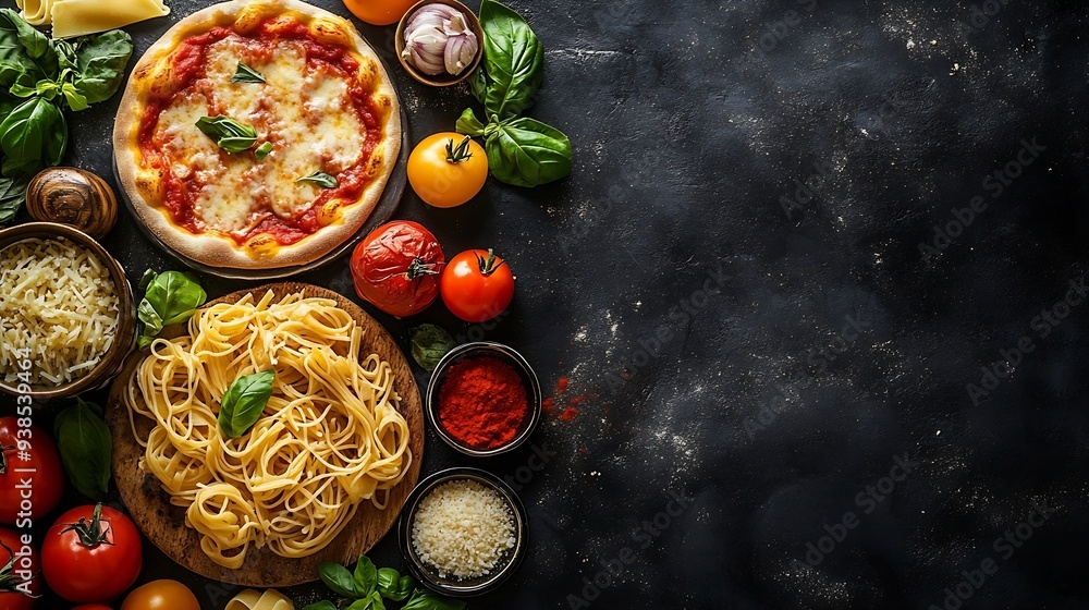 Poster italian food on dark background with pasta pizza top view copy space : generative ai