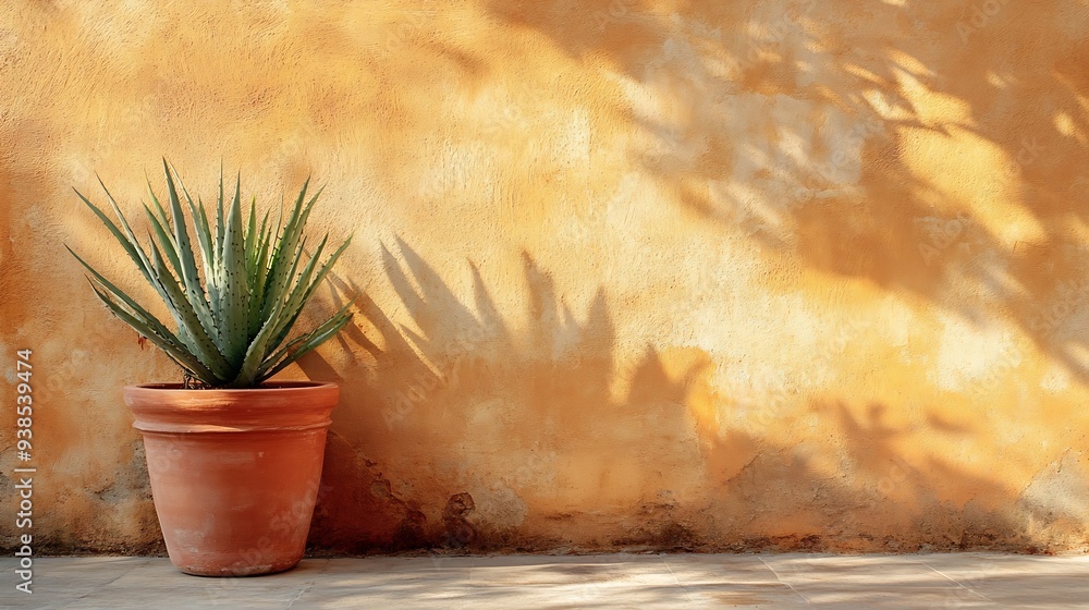Poster Empty texture stucco wall with shade and aloe clay pot Summer background with traditional home exterior Architecture design with neutral rustic aesthetic : Generative AI
