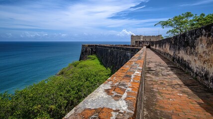 Obraz premium Ancient stone fort overlooking ocean with lush greenery and blue sky