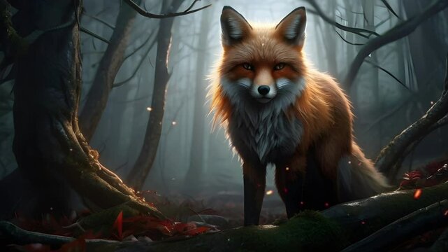 A fox monster in the middle of a haunted fairy tale forest with a scary gaze. Seamless 4K looping timelapse video animation background