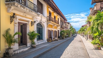 Obraz premium Colorful colonial architecture on sunny cobblestone street with potted plants