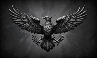 Obraz premium A majestic black eagle with its wings spread wide, its talons outstretched, and a fierce expression on its face. The eagle is set against a dark, dramatic background with rays of light shining through